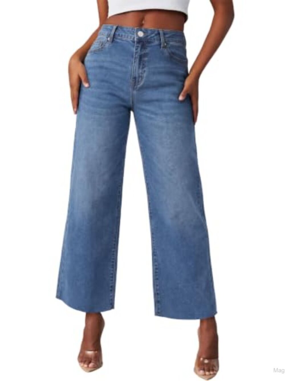 High Waisted Wide Leg Ripped Cropped Stretchy Denim Jeans with Pockets